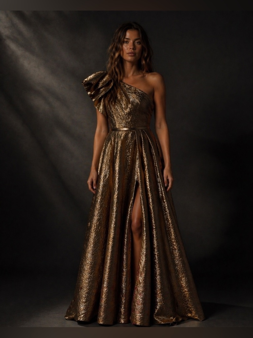 One-Shoulder Metallic Bronze Evening Gown - Picture 2 of 7